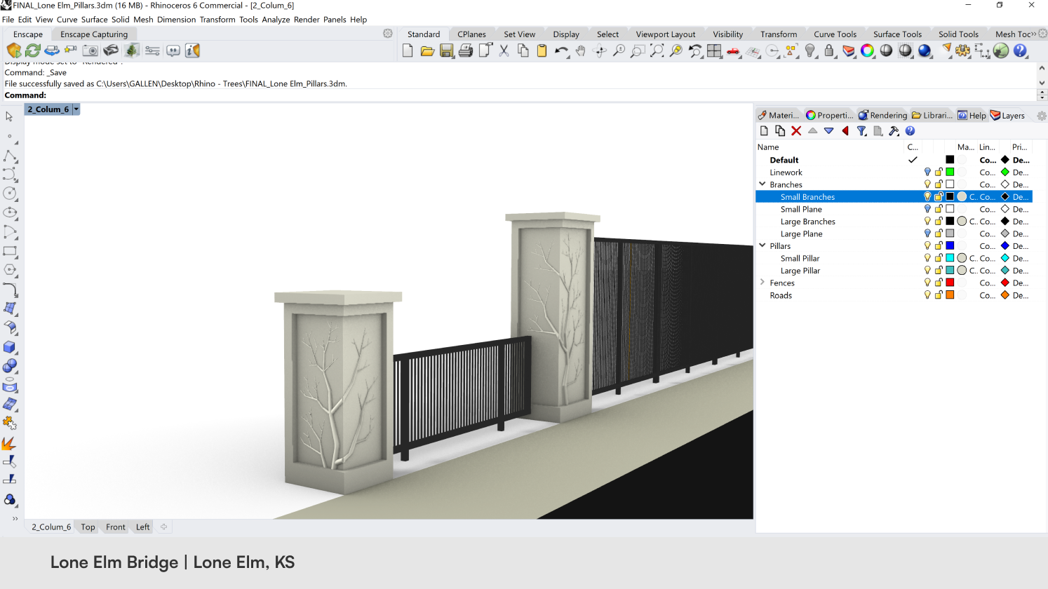 screenshot of 3D program building a short and tall cement pillars with tree decoration