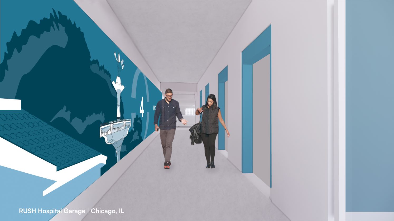 perspective view of garage mural mockup interior