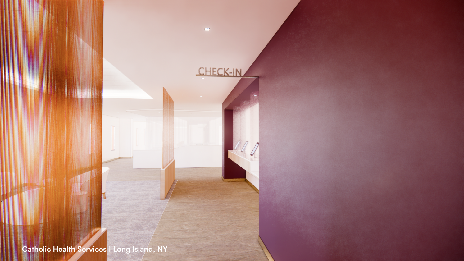 Silver Check-in Sign against a burgundy painted wall