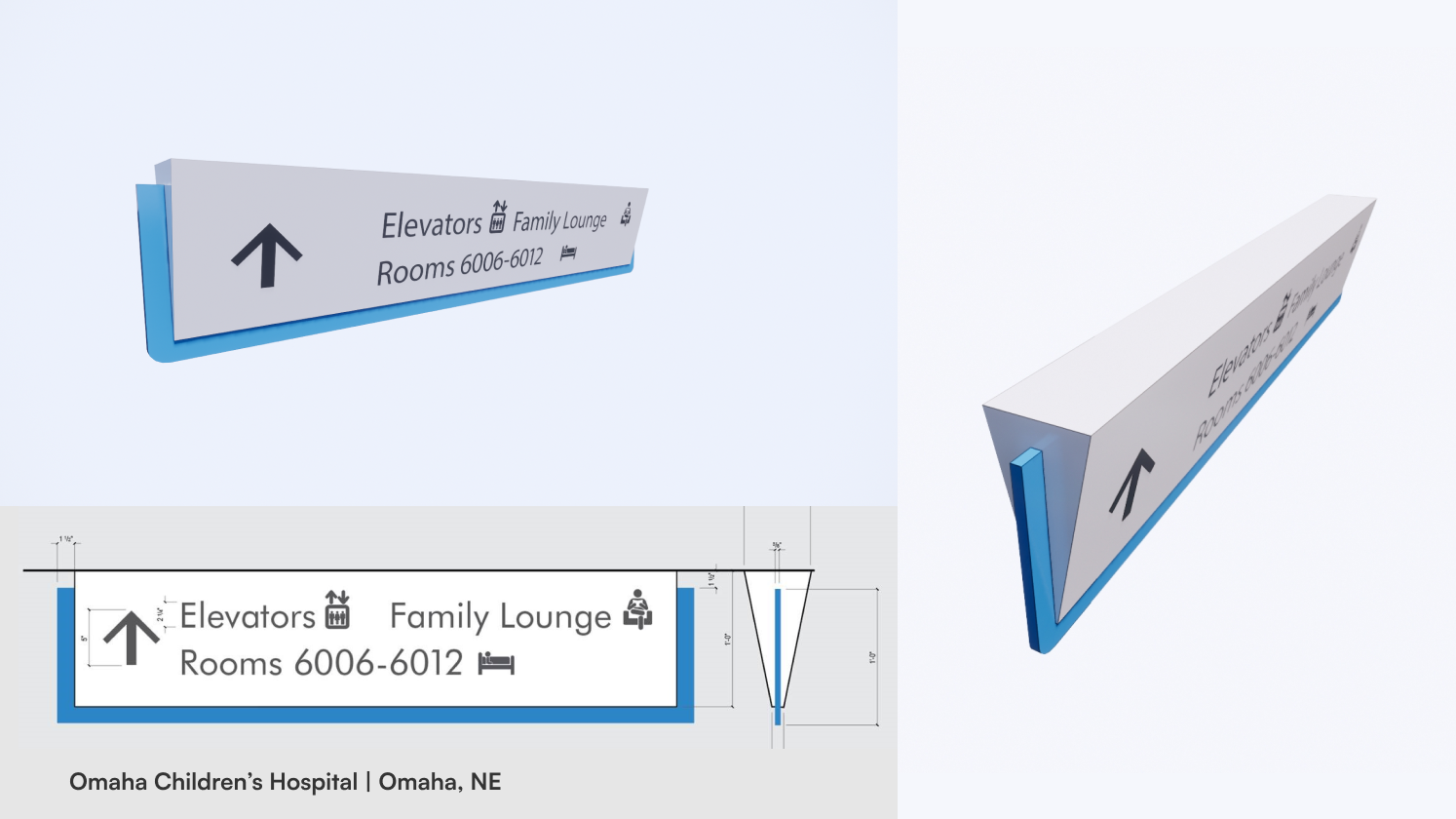 3D rendering of blue overhead signage for omaha childrens hospital
