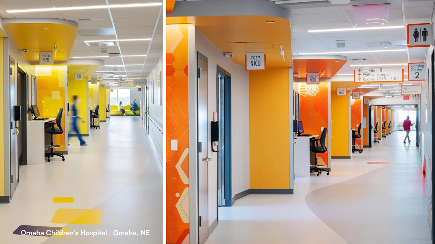 Omaha childrens hospitals hallways showing yellow and orange colorways