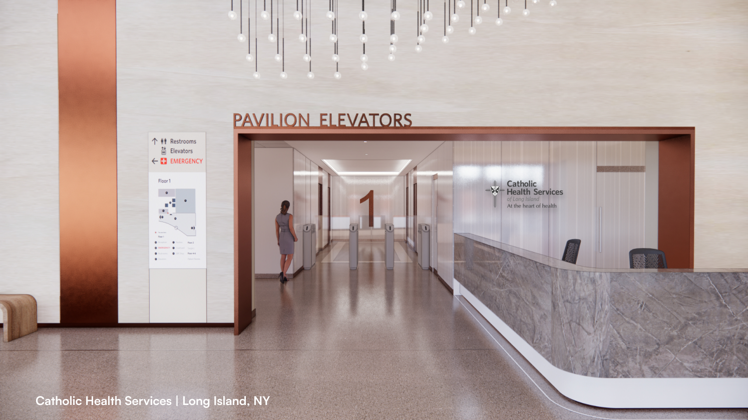 Rendered lobby of CHS with copper detailing