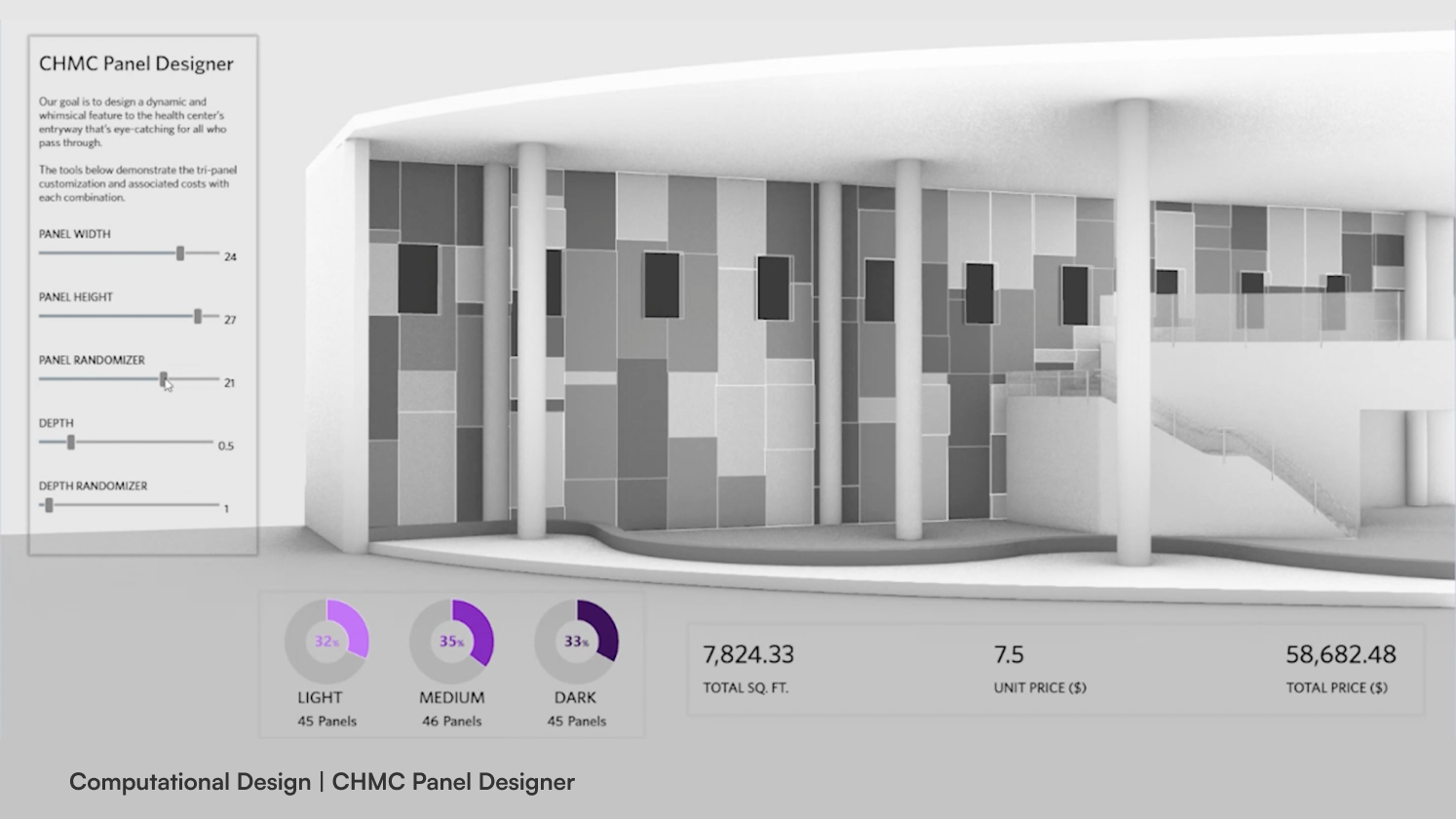 screenshot of hospital lobby with 3D parametric visuals