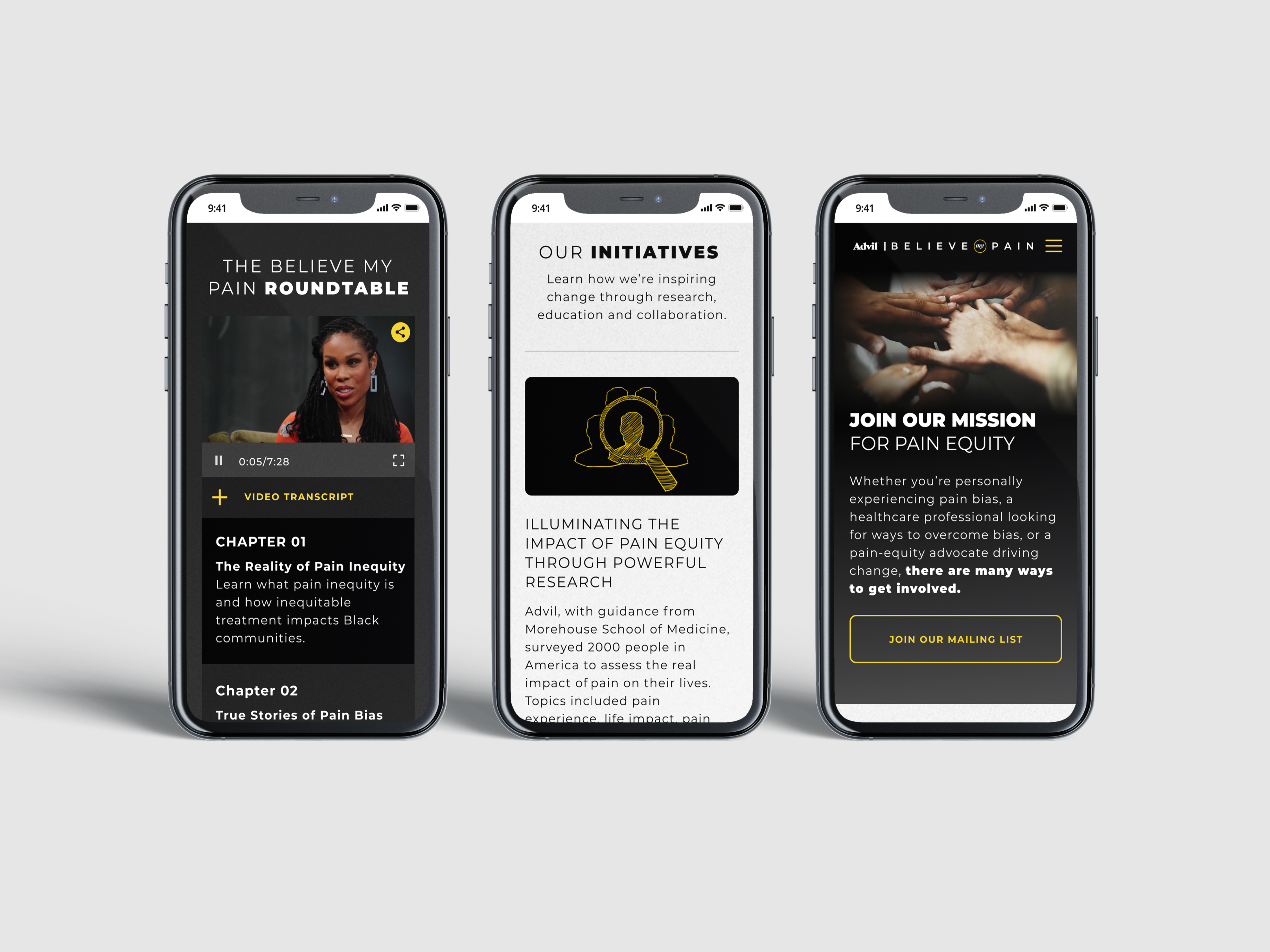 three mobile screens of Believe my pain site
