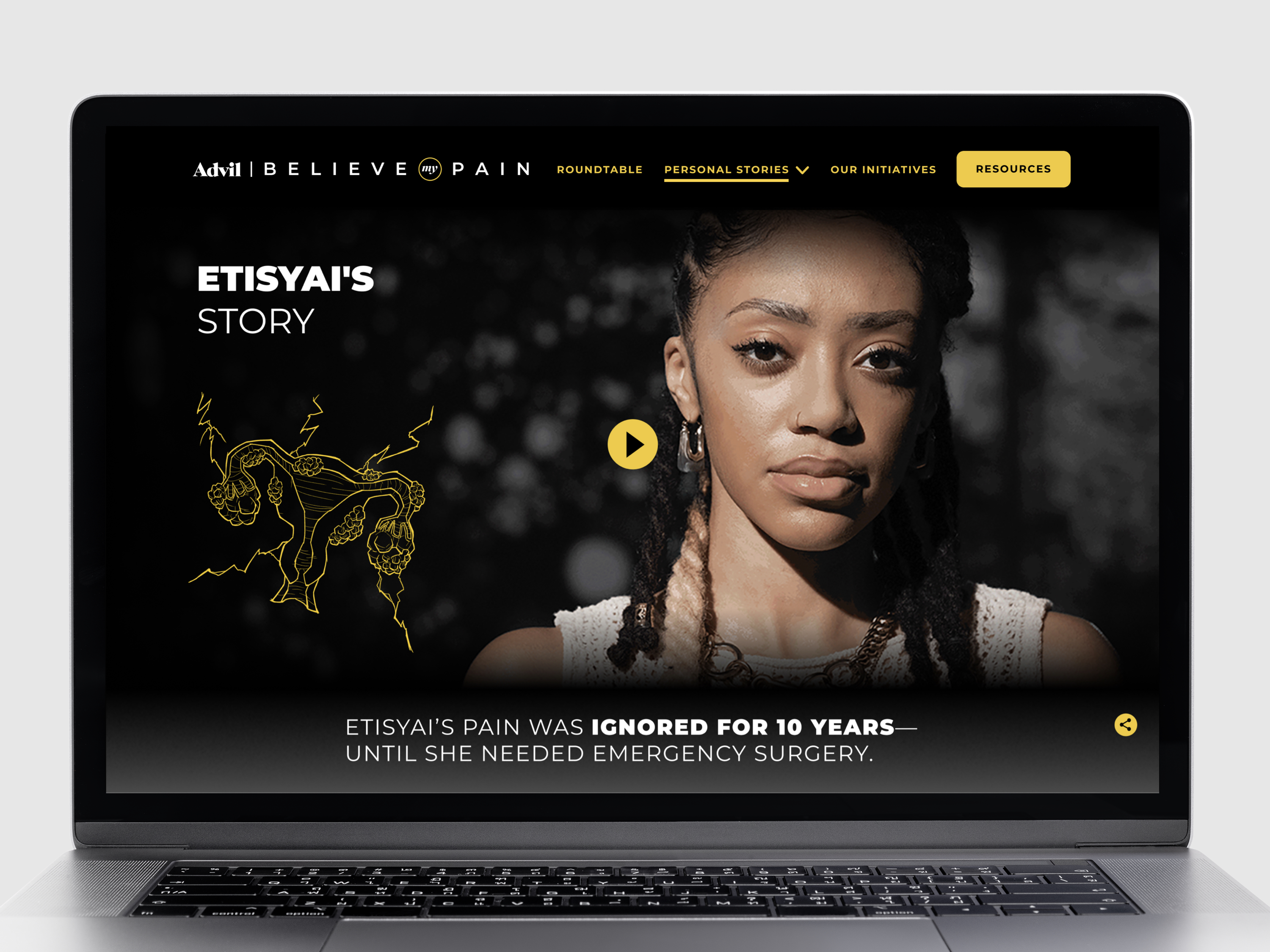 a website screen for Believe My Pain featuring Etisyai