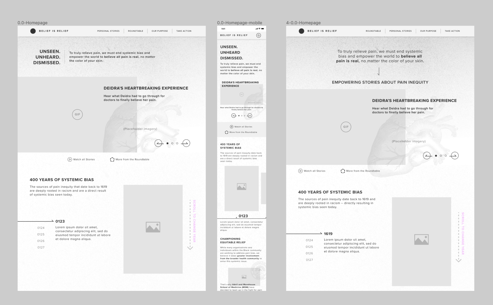 First version of Believe my pain wireframes