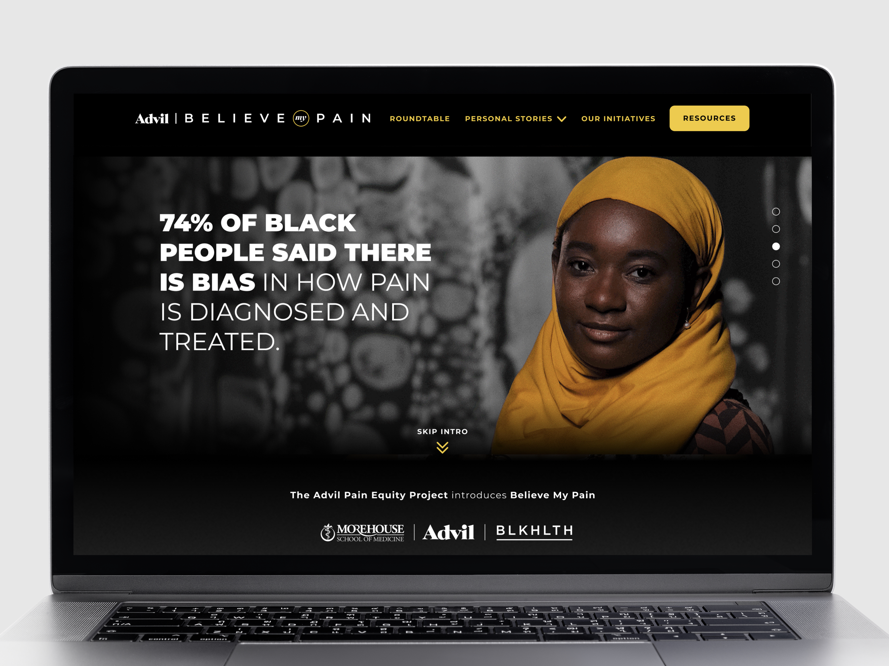 a website screen for Believe My Pain featuring Inaayah in a yellow hijab