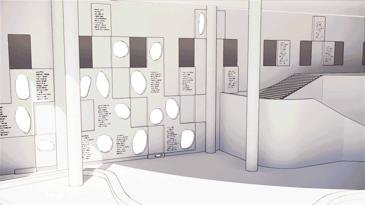 Animation prototype of designed lobby wall with rainbow colored peepholes