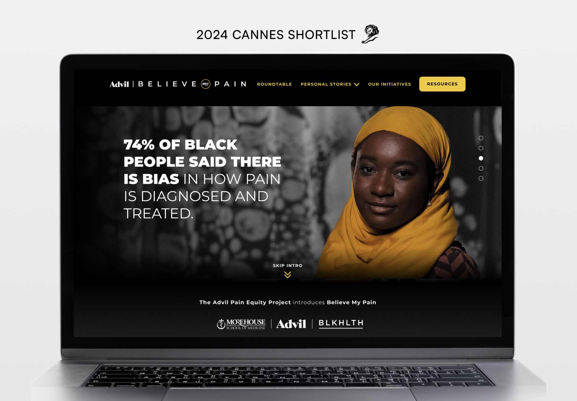 a website screen for Believe My Pain featuring Inaayah in a yellow hijab - Cannes 2024 Shortlist